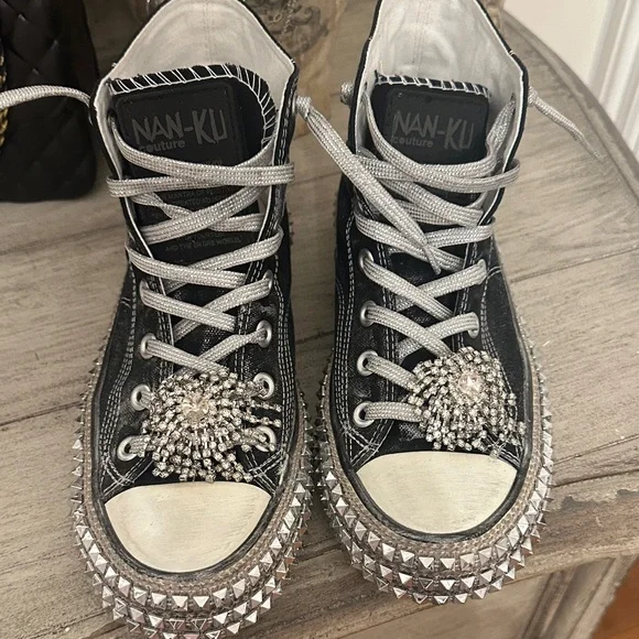 NAN-KU Black High-Top Crystal-Embellished Sneakers - Picture 4 of 9